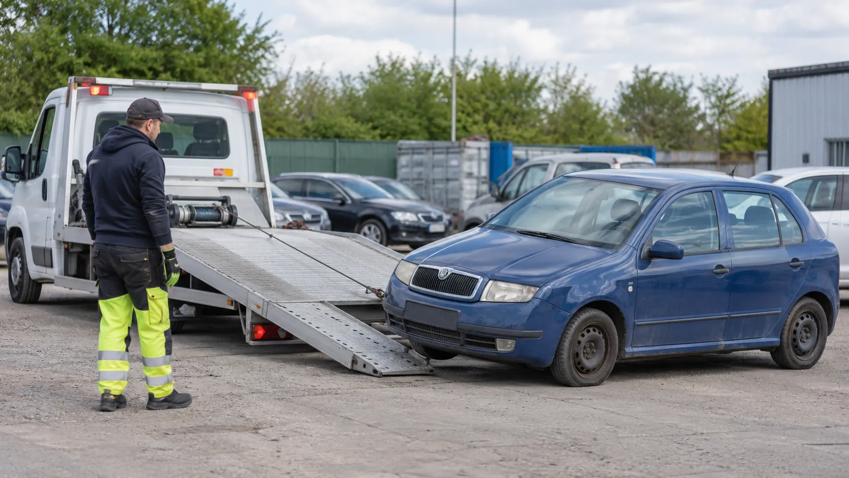 Příprava vozidla Škoda Fabia k naložení na odtahovou plošinu