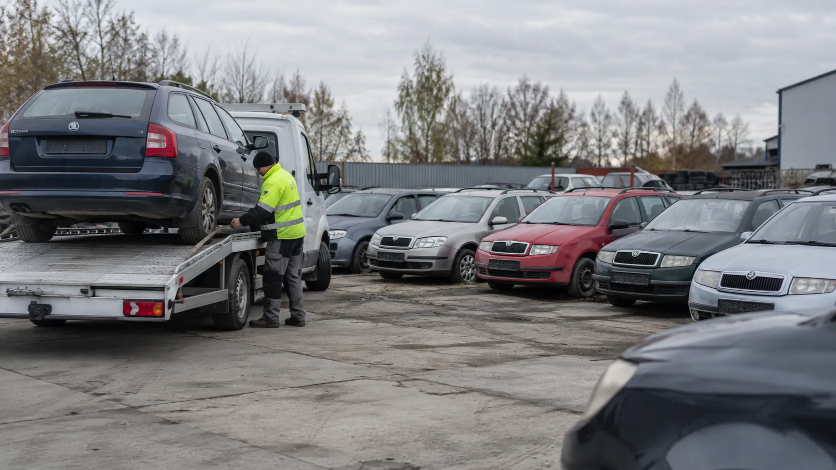 Odstavené vozy Škoda v řadách na zpevněné ploše