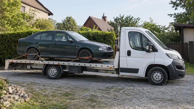 Bílý odtahový vůz s upevněným vozidlem Škoda na hliníkové plošině