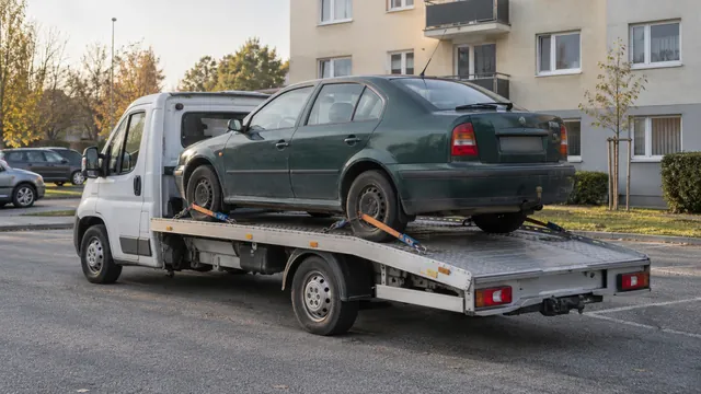 Bílý odtahový vůz s upevněným vozidlem Škoda na hliníkové plošině