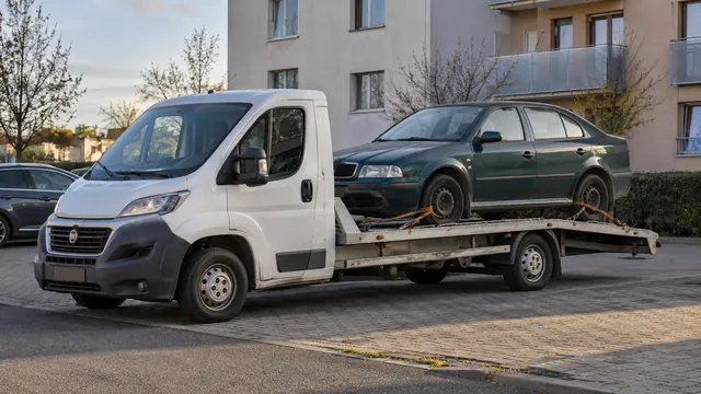 Bílý odtahový vůz s upevněným vozidlem Škoda na hliníkové plošině
