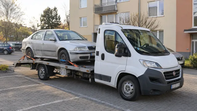 Bílý odtahový vůz s upevněným vozidlem Škoda na hliníkové plošině
