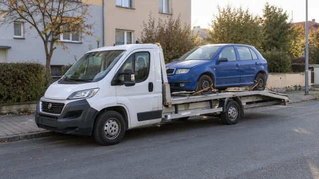 Bílý odtahový vůz s upevněným vozidlem Škoda na hliníkové plošině