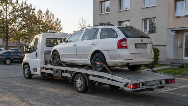 Bílý odtahový vůz s upevněným vozidlem Škoda na hliníkové plošině