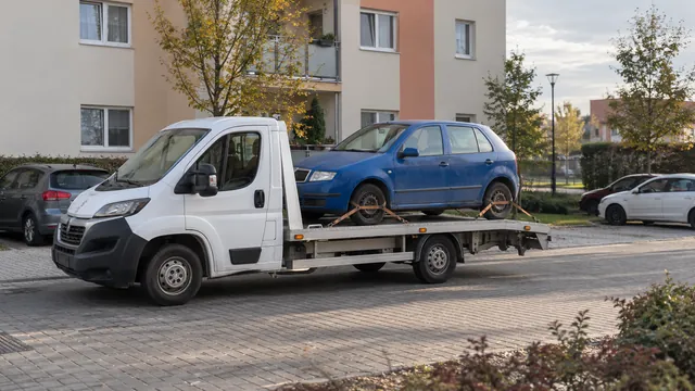 Bílý odtahový vůz s upevněným vozidlem Škoda na hliníkové plošině
