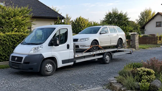 Bílý odtahový vůz s upevněným vozidlem Škoda na hliníkové plošině