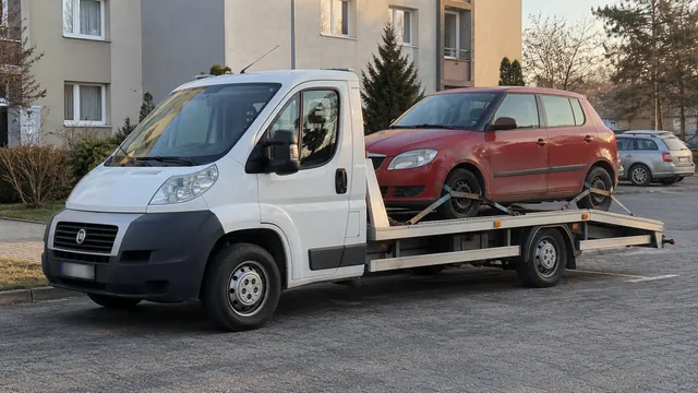 Bílý odtahový vůz s upevněným vozidlem Škoda na hliníkové plošině