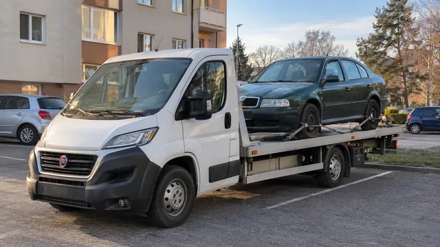 Bílý odtahový vůz s upevněným vozidlem Škoda na hliníkové plošině