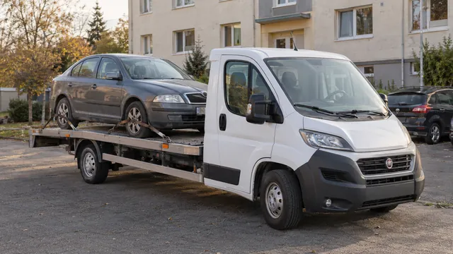 Bílý odtahový vůz s upevněným vozidlem Škoda na hliníkové plošině