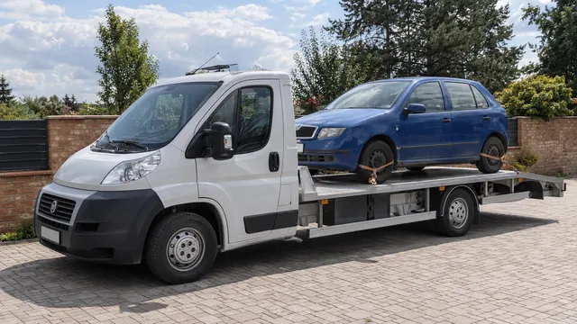 Bílý odtahový vůz s upevněným vozidlem Škoda na hliníkové plošině
