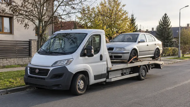 Bílý odtahový vůz s upevněným vozidlem Škoda na hliníkové plošině