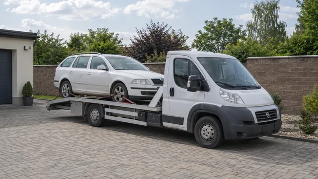Bílý odtahový vůz s upevněným vozidlem Škoda na hliníkové plošině