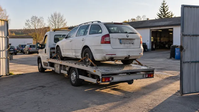 Bílý odtahový vůz s upevněným vozidlem Škoda na hliníkové plošině