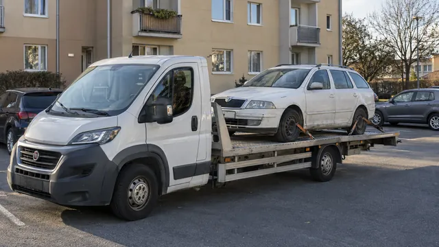 Bílý odtahový vůz s upevněným vozidlem Škoda na hliníkové plošině