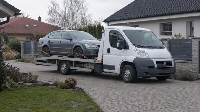 Bílý odtahový vůz s upevněným vozidlem Škoda na hliníkové plošině