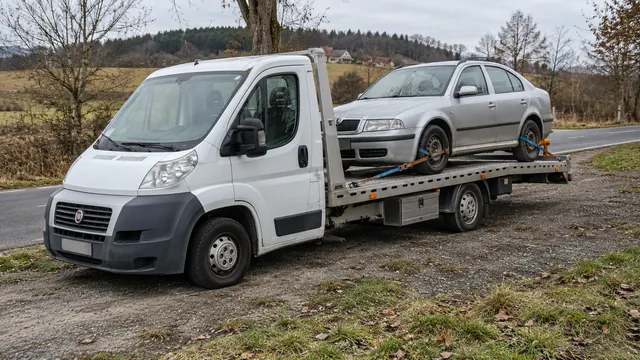 Bílý odtahový vůz s upevněným vozidlem Škoda na hliníkové plošině