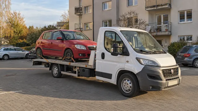 Bílý odtahový vůz s upevněným vozidlem Škoda na hliníkové plošině